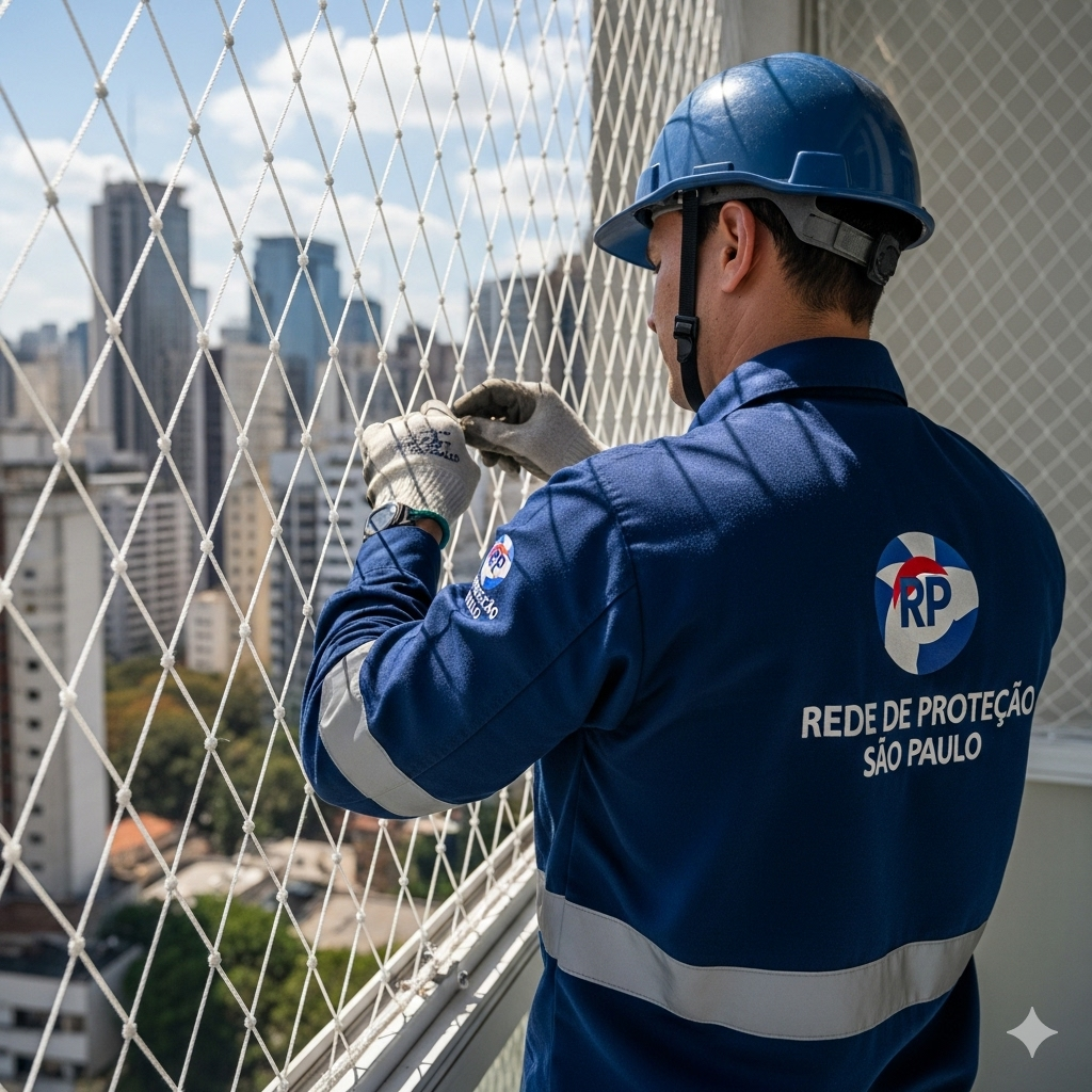 Vista de apartamento em São Paulo com varanda protegida por rede de proteção azul marinho, transmitindo segurança e elegância.