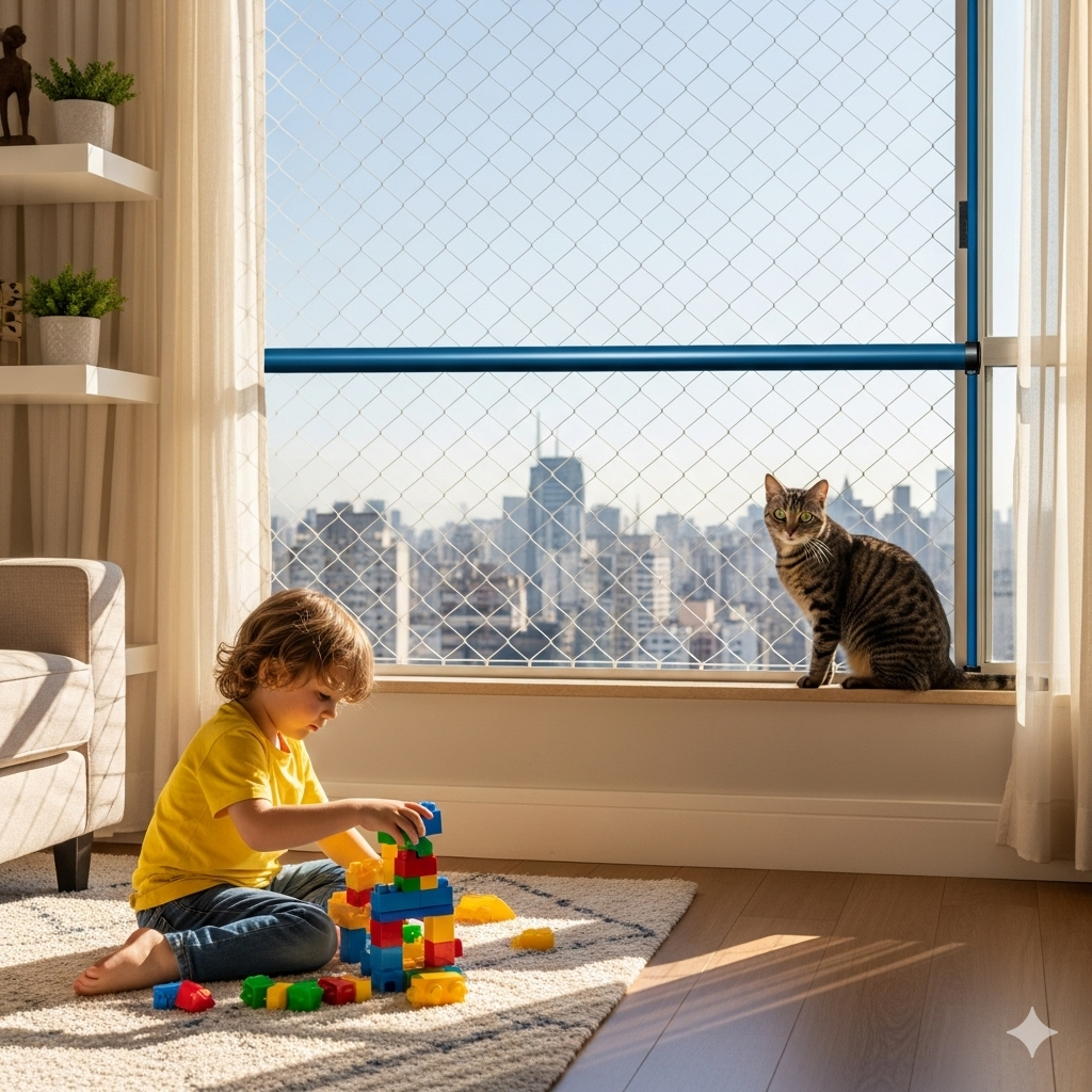 Rede de proteção em janela de apartamento em São Paulo, garantindo segurança para criança e gato.